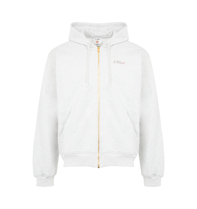 Image 1 of 2 - GREY - CASABLANCA Zip Hoodie featuring drawstring at hood, zip closure, rubberized logo patch at chest, patch pockets at front and rib-knit hem and cuffs. 100% organic cotton. Made in Portugal.