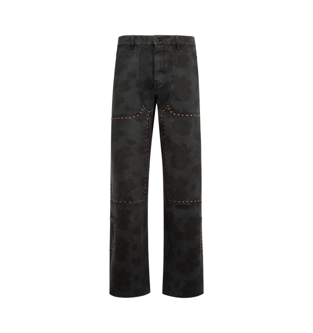 Image 1 of 3 - BLACK - PLEASURES Cowhide Double Knee Pant featuring regular-fit, straight-leg, four-pockets, stud-embellishments and zip-fly closure. 100% cotton.