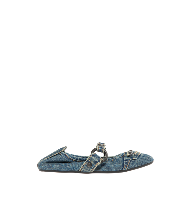 Image 1 of 4 - BLUE - BALENCIAGA City Ballerina Flat featuring round toe, studs and buckles in abs and black sole. Upper: cotton. Sole: TPU. Insole: lambskin. Made in Italy.