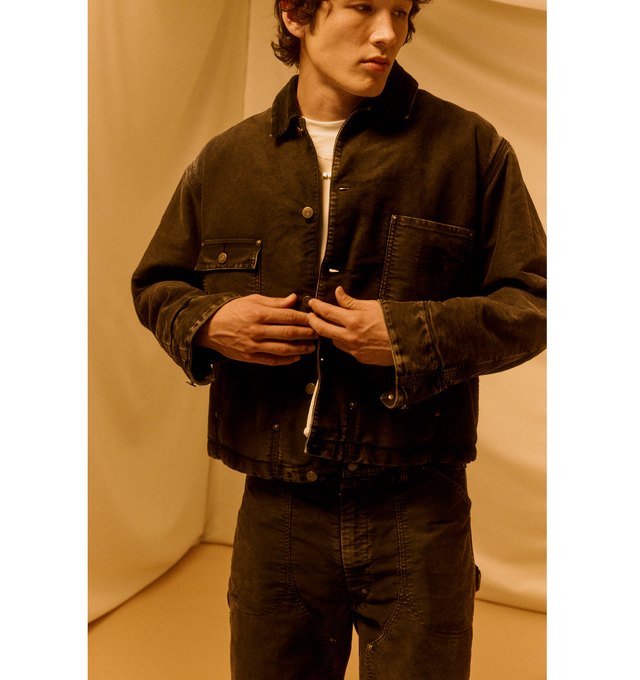 Image 2 of 5 - BLACK - MAISON MARGIELA Cotton Denim Workwear Zip Jacket featuring hidden front zip closure, 3-pocket design, buttoned cuffs, corduroy collar with fringe trim and midweight denim. 100% cotton. Made in Italy.