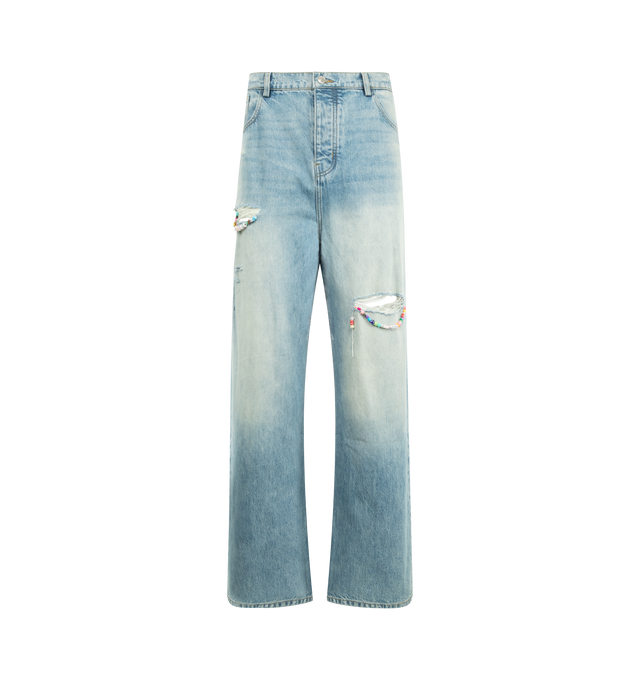 Image 1 of 3 - BLUE - NAHMIAS Friendship Baggy Jeans featuring button fly closure, 5-pocket styling and midweight rigid denim with intentional distressing. 100% cotton.