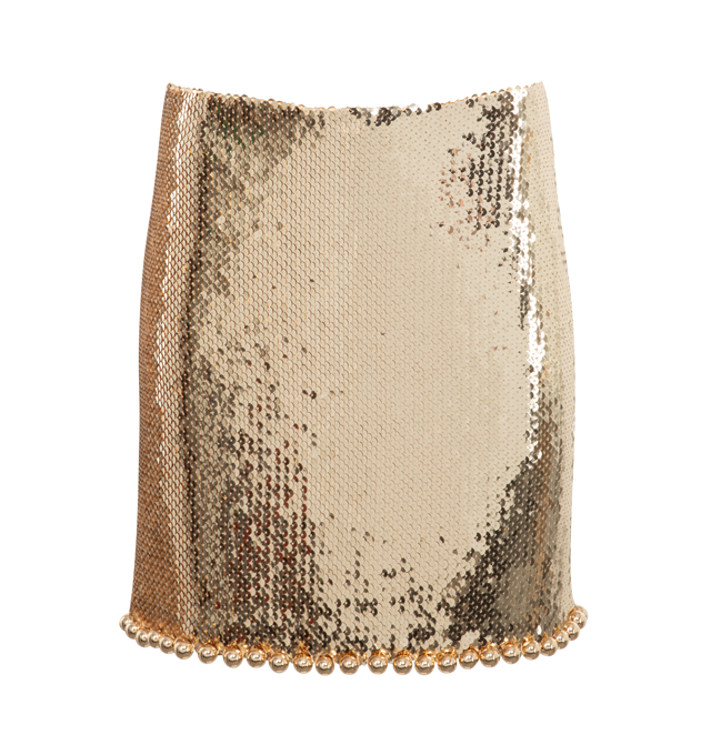 Image 1 of 2 - GOLD - RABANNE Beaded Hem Skirt featuring gold-tone stretch-design, sequin embellishment bead detailing to the hem, internal logo tag, full lining, straight hem, concealed rear hook and zip fastening. 30% polyester, 10% spandex/elastan, 60% cupro. 