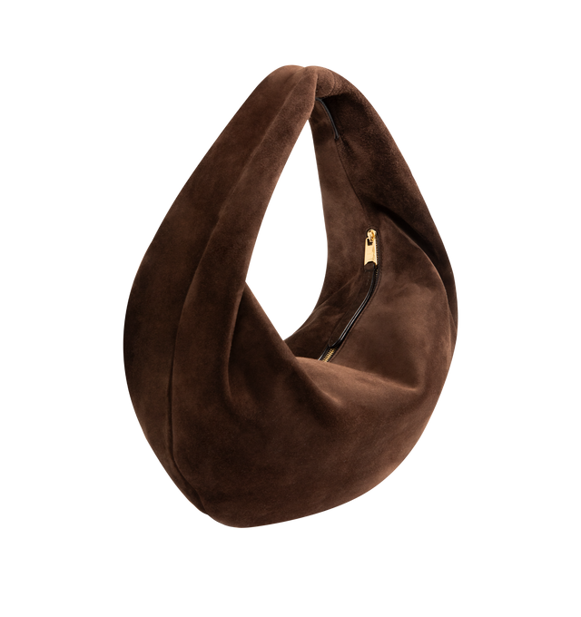 Image 4 of 5 - BROWN - Khaite Olivia slouchy zip-top hobo bag in velvety suede. With integrated strap to wear over the shoulder or carry by hand. Signature hardware at zipper pull. Suede (100% kid leather). Made in Italy.