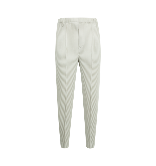 Image 1 of 3 - GREY - ISSEY MIYAKE Compleat Trousers featuring slim-fit, garment-pleated, belt loops, concealed drawstring at elasticized waistband, two-pocket styling, button-fly and central pinched seam at legs. 100% polyester. Made in Philippines.