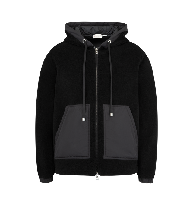 Image 1 of 3 - BLACK - MONCLER Teddy Zip-Up Hoodie featuring teddy fleece, adjustable hood, zipper closure, polyester kangaroo pockets and hem with drawstring fastening. 73% polyester, 27% acrylic. 100% polyester.