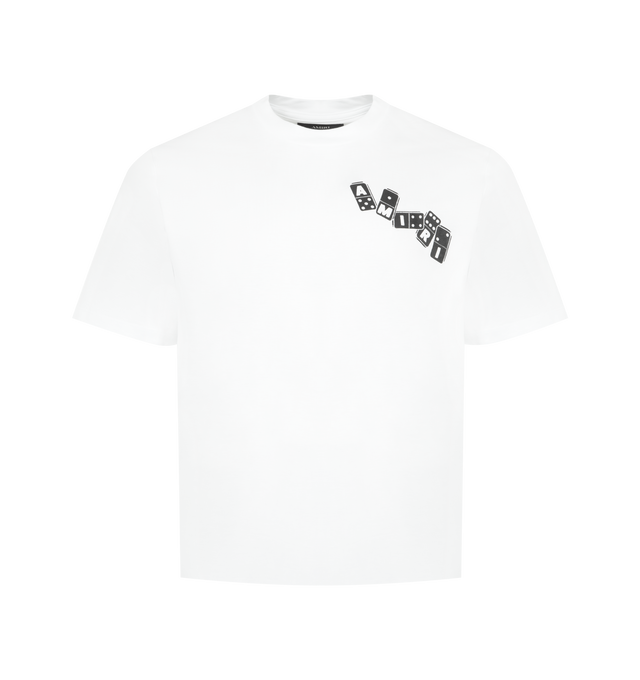 Image 1 of 2 - WHITE - AMIRI Domino Tee featuring round neck, chest logo, back graphic print, short sleeves, straight hem and tonal stitching. 100% cotton.
