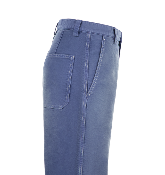 Image 3 of 3 - BLUE - Auralee Women's Garment-Dyed Organic Cotton Heavy Moleskin Pants are crafted from densely woven organic cotton heavy moleskin and feature a regular-fit silhouette with a straight-leg cut. Garment-dyed and carefully hand-finished, each pair develops a subtle vintage character with unique tonal variations and texture. Designed to age beautifully over time, the fabric gains depth and individuality through wear, revealing richer tones and a distinctive lived-in appearance. Main Material: 1