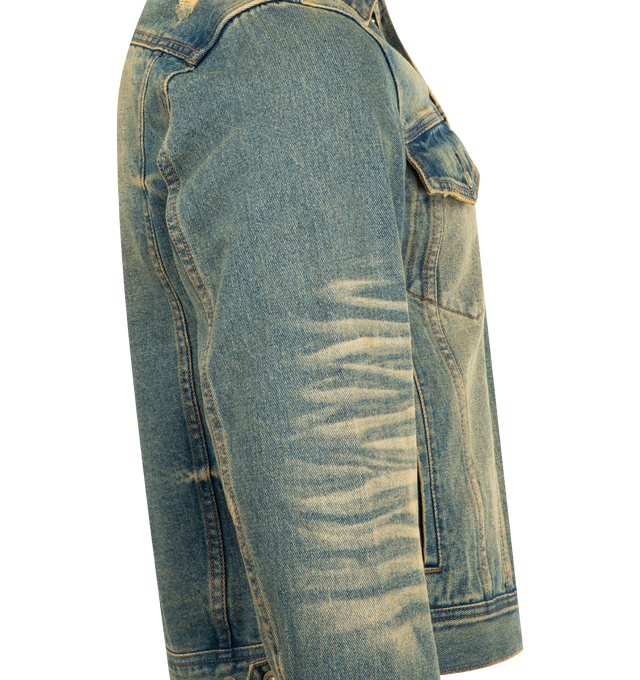 Image 3 of 3 - BLUE - MIDNIGHT RODEO Distressed Vintage Wash Trucker Jacket featuring a slim, cropped fit, heavy whiskering and all-over distressing for a worn-in, sun-faded look, front button closure, spread collar, button cuffs, chest button-flap pockets, front welt pockets, adjustable button side tabs, custom MR-branded hardware and signature embroidered branding at the upper back. 100% cotton.