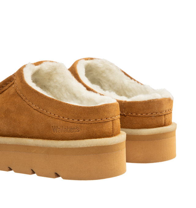 Image 3 of 4 - BROWN - CLARKS Meare Mule featuring suede uppers, synthetic fur lining, hand stitched apron seam, crepe rand, tonal EVA rubber sole, Woven Clarks Originals label on sock and Wallabees branding on heel.