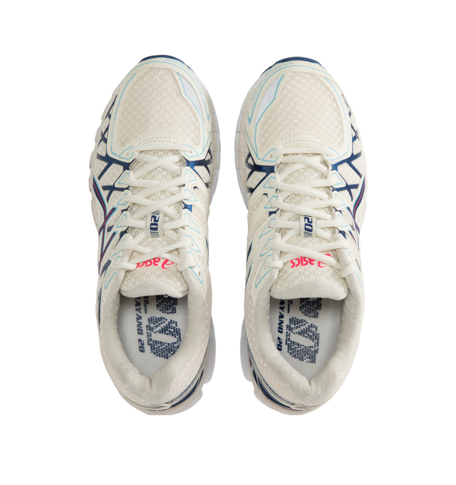 Image 5 of 5 - WHITE - ASICS GEL-Kayano 20 featuring FLUIDFIT technology cage, TRUSSTIC support system, dual GEL technology inserts, double-layer mesh construction, synthetic fiber outer, rubber sole, grid-like patterns, glossy finish, lace-up fastening, tongue pull loop and logo detail. Unisex style in men's sizing.