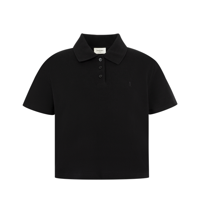 Image 1 of 2 - BLACK - SAINT LAURENT Cropped Polo Shirt featuring short-sleeves, a tonal logo embroidery at the chest, three-button placket and polo collar. 100% cotton. Made in France.