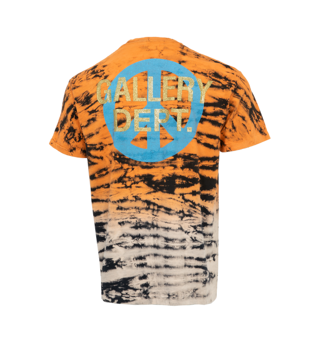 Image 2 of 4 - ORANGE - GALLERY DEPT. MIAMI TIME TEE features a horizontal 'tiger stripe' style tie-dye on a gradient silhouette. The front of the shirt is screen printed with the word 'Miami' done in a puff print fabrication and the back of the tee features a peace sign printed in fluorescent blue. 100% cotton. 