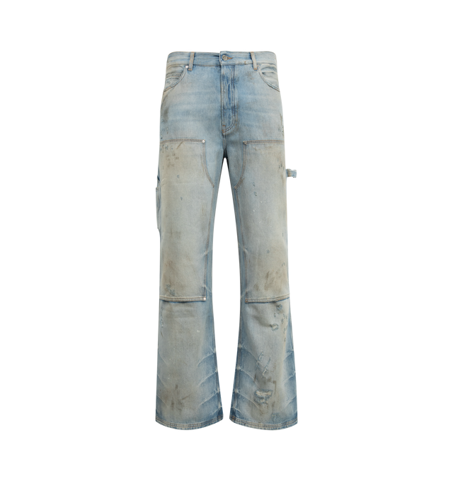 Image 1 of 3 - BLUE - AMIRI Lightweight Carpenter Jean featuring straight-leg, a whiskering effect, belt loops, paneled detailing, classic five pockets, side cargo pocket, and side hammer loop. 100% cotton.