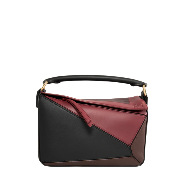 Image 1 of 3 - PURPLE - LOEWE Small Puzzle Bag in classic calfskin and suede featuring distinctive geometric lines and cuboid form. Shoulder, crossbody or hand carry, detachable and adjustable strap, zip closure with calfskin pull, one external zip rear pocket, one internal slip pocket, suede lining and embossed Anagram. Classic Calf/Suede. 16.5 cm x 24 cm x 10.5 cm. Made in Spain.