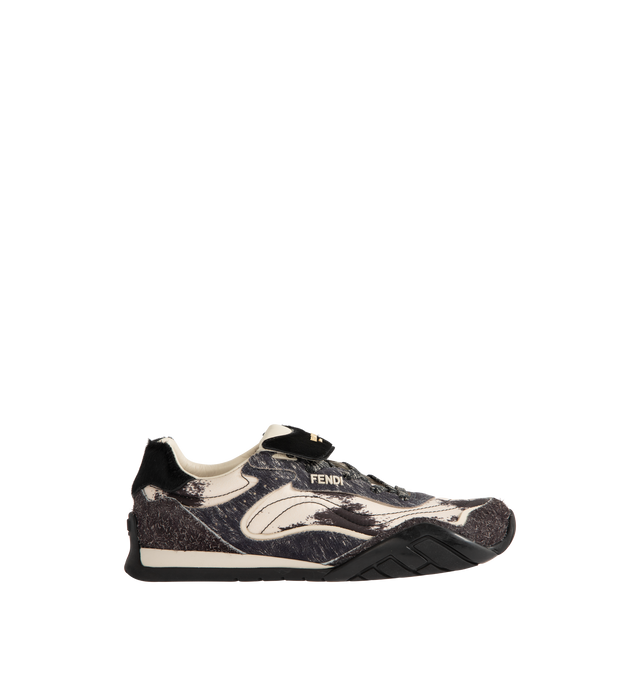 Image 1 of 5 - GREY - FENDI Wave Pulse Sneaker featuring low-top, lace-up closure, technical fabric with a gray graphic print and matching suede inserts, contrasting black cavallino calfskin details, folded tongue, tubular laces, three-dimensional rubber logo on the side, gold-colored metal Fendi logo on the tongue, rubber running sole with wraparound edge on the side and diagonal F motif. 100% calfskin. 100% polyamide. Inside: 100% lamb leather. Made in Italy.