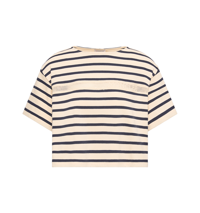 Image 1 of 2 - MULTI - MONCLER Macram-Trimmed Striped Cotton T-Shirt featuring boat neckline, short sleeves, logo macram detail and logo patch. 100% cotton.