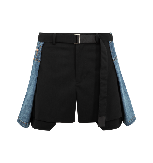 Image 1 of 3 - BLUE - SACAI Wool Suiting x Denim Shorts featuring a suiting-inspired panel, zipper, hook fastening, belt loops and adjustable belt. 100% wool. 100% cotton. Lining: 100% cupro. Made in Japan.