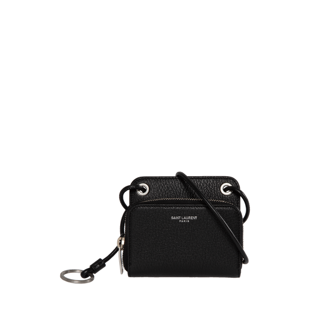 Image 1 of 3 - BLACK - SAINT LAURENT Lanyard Wallet featuring adjustable and detachable lanyard necklace, key ring, zip closure, three card slot and leather lining. 3.9" X 4.7" X 0.8". Strap drop: 14.2"25.6". 95% calfskin leather, 5% brass. Made in Italy.  