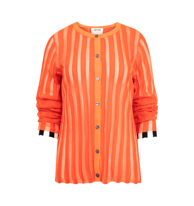 Image 1 of 2 - ORANGE - CHRISTOPHER JOHN ROGERS Pleated Cardigan with Alpaca Trim featuring sheer striped cardigan with round neckline, button closure and long sleeves finished with contrast cuffs. 47% merino wool, 31% polyester, 12% acrylic, 10% alpaca.