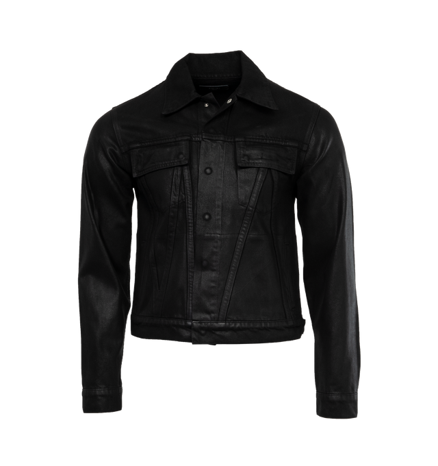 Image 1 of 4 - BLACK - AMIRI Wax Trucker Jacket featuring spread collar, long sleeves, chest flap pockets and side-seam pockets and button front closure. Made in Italy. 