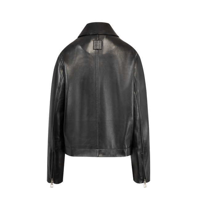 Image 2 of 3 - BLACK - Loewe Women's Jacket in lightweight nappa plong lambskin featuring a gathered front with a contrast leather belt detail. Regular fit, regular length featuring classic collar, zip front fastening, zipped cuffs, seam pockets, inside welt pocket, fully lined with LOEWE embossed leather patch placed at the back. Nappa Leather. Made in Italy.