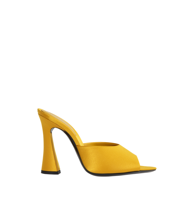 Image 1 of 5 - YELLOW - SAINT LAURENT Suite Mules in satin crepe with an almond peep toe, leather sole  and satin-covered flared 10.5cm heel. 100% polyester fabric. Made in Italy. 