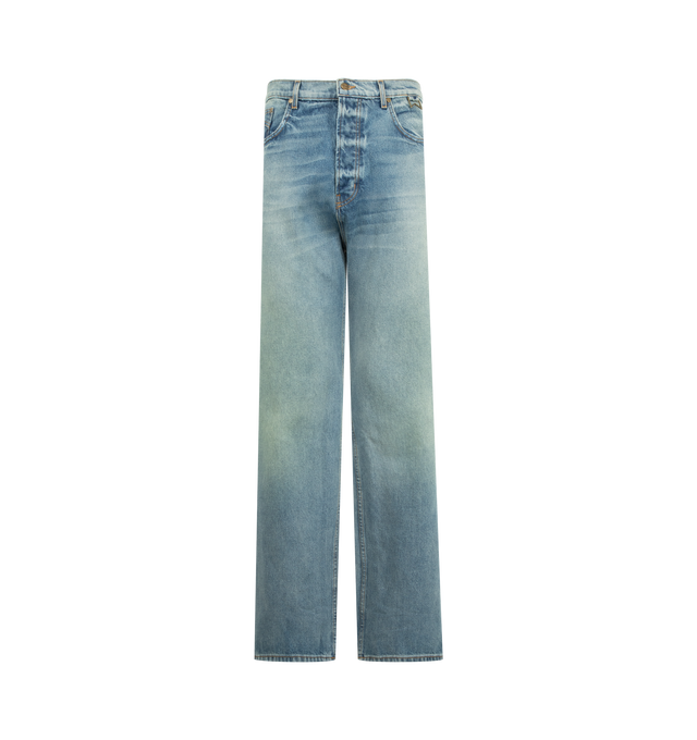 Image 1 of 3 - BLUE - RHUDE Traxedo Jean featuring a wide-leg silhouete, five-pocket style and zip fly, button closure. 100% cotton. Made in USA.