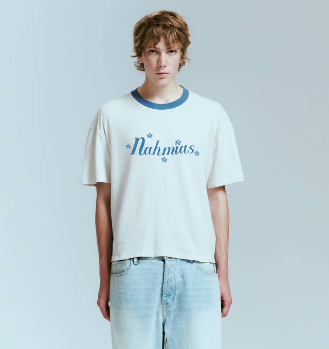 Image 2 of 4 - WHITE - NAHMIAS Blossom Ringer T-shirt featuring crew neckline with contrast ringer trim, Nahmias Bloom graphic at chest, short sleeves and regular fit. 100% cotton.