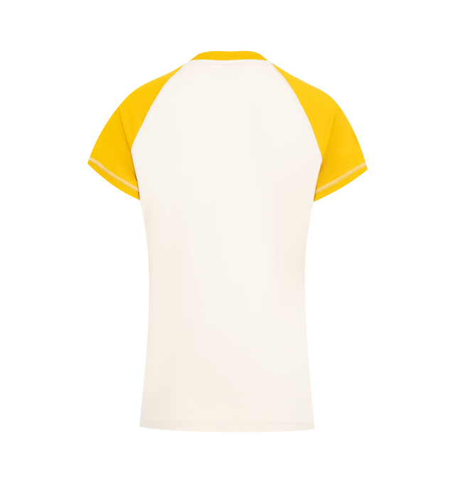 Image 2 of 2 - YELLOW - Loewe Women's T-shirt in lightweight stretch cotton and viscose jersey featuring a contrast ringer collar and raglan sleeves. Small fit, regular length, crew neck, contrast topstitching, Anagram embroidery placed at the front. Cotton/Viscose/Elastane. Made in Portugal.