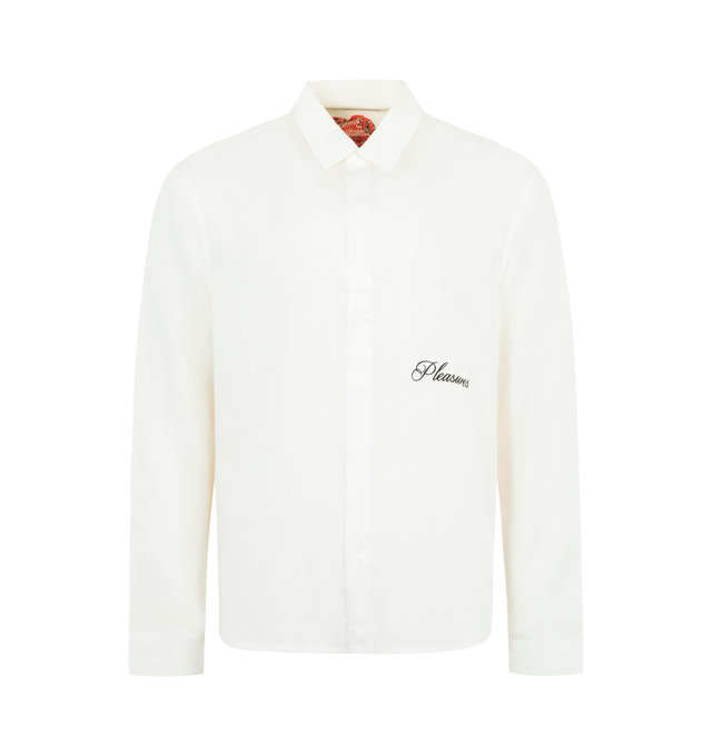 Image 1 of 2 - WHITE - PLEASURES x Richard Bernstein Pilule Graphic Lyocell Button-Up Shirt featuring abstract pills scatter in bright, bold colors on the back of an optic-white shirt, front button closure, spread collar and long sleeves with button cuffs. 100% Tencel lyocell.