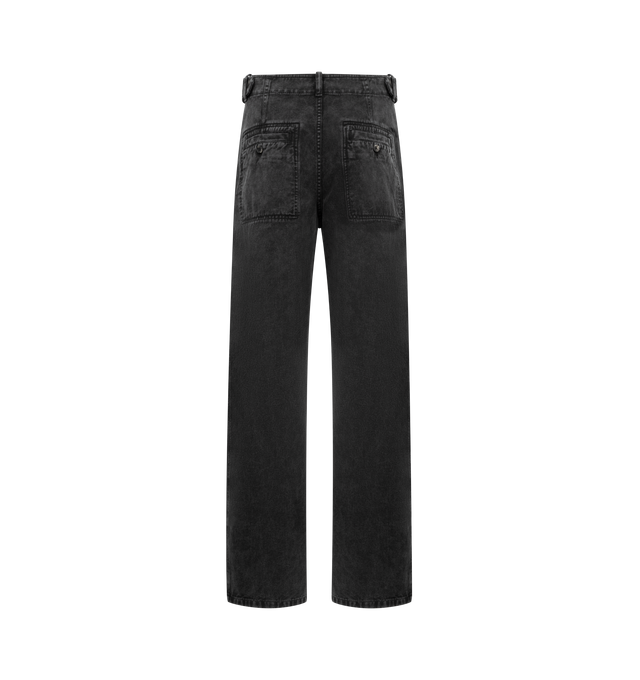Image 2 of 3 - BLACK - ISABEL MARANT Ireme Pant featuring cotton denim workwear pants, fitted waistband with belt loops, button tabs, and rivets, zippered and snap-buttoned, pockets on the sides and buttoned patch pockets in back and wide pleated legs. 100% cotton.