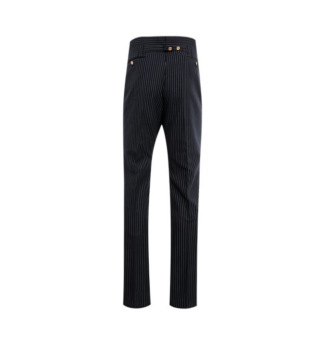 Image 2 of 3 - NAVY - THOM BROWNE Fit-1 Backstrap Pinstriped Wool Trousers featuring a tapered-leg silhouette with an extended tab waist, side seam pockets, buttoned backstrap, back button-through welt pockets and zip fly, hook-and-bar closure. 97% virgin wool, 3% polyester. Lining: 100% cupro.