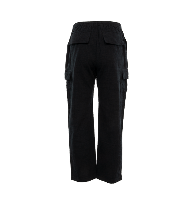 Image 2 of 3 - BLACK - LITE YEAR Cargo Pant featuring side pockets, back flap pocket closure, antique Nickel hardware button closure and drawstring waistband. 100% cotton. 