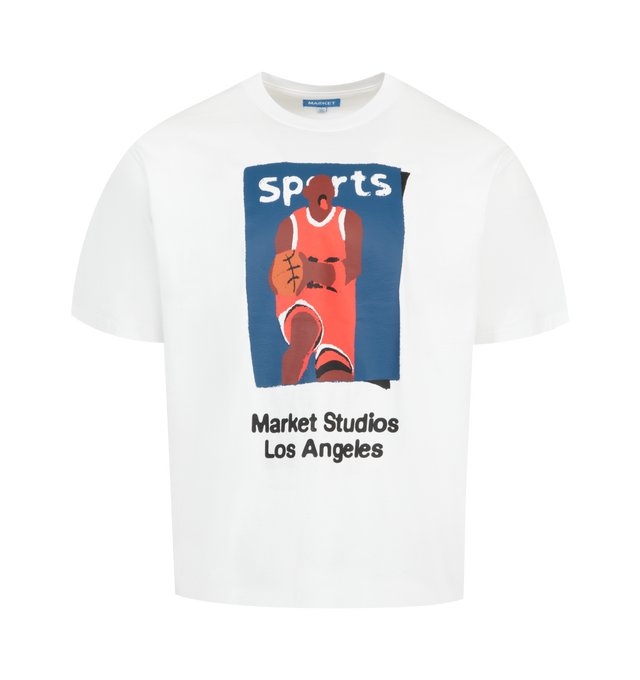 Image 1 of 2 - WHITE - MARKET Illustrated Baseball T-Shirt featuring crew neck, short sleeves, graphic on front and relaxed fit. 100% cotton.