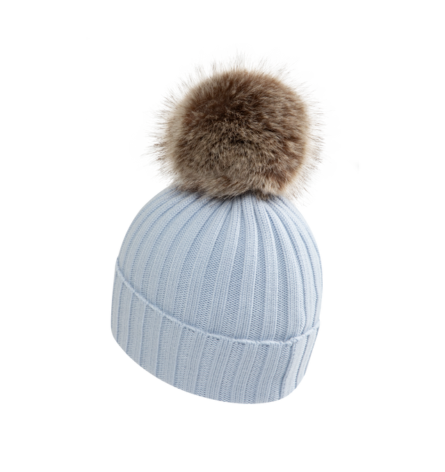 Image 2 of 2 - BLUE - MONCLER Wool Beanie with Pom Pom featuring Merino wool, ribbed knit and faux fur pom pom. 100% virgin wool.