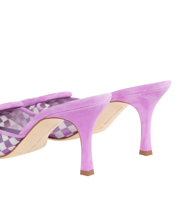 Image 3 of 4 - PURPLE - MANOLO BLAHNIK MAYSALEBI Purple Mesh Checkered Mules featuring checkered lilac mesh with suede edging and decorative buckle. Finished with stiletto low 50mm heel. Upper: 80% polyamide, 20% kid suede. Sole: 100% calf leather. Lining: 90% polyamide, 10% kid leather. Italian sizing. Made in Italy. 