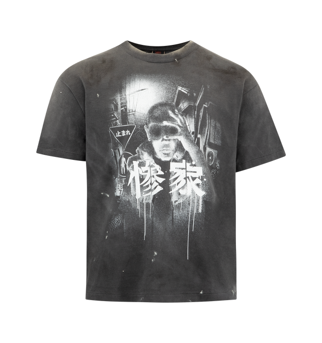Image 1 of 2 - BLACK - SAINT MICHAEL GS Tee featuring worn-in and distressed design, ribbed crewneck, short sleeves and graphic print on front and back. 100% cotton. Made in Japan.