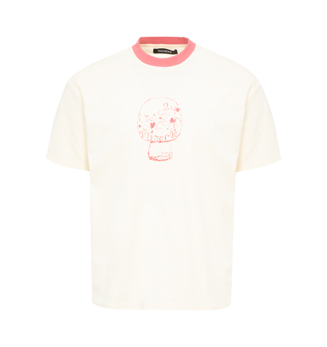 Image 1 of 2 - WHITE - NAHMIAS Mushroom Ringer T-shirt featuring ribbed colorblocking crewneck, graphic printed on front and short sleeves. 100% cotton.  