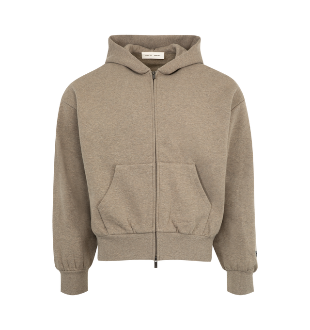 Image 1 of 2 - BROWN - FEAR OF GOD ESSENTIALS Classic Fleece Zip-Up Hoodie featuring 380gsm core fleece, zip-up closure, classic fit with signature Fear of God relaxed proportions, new beveled metallic "Essentials Fear of God" logo is branded across the back, double-layer hoodie, rib-knit cuffs, waist-hem, a kangaroo pocket and a translucent rubberized label on the hood and sleeve. 80% cotton, 20% polyester fleece.