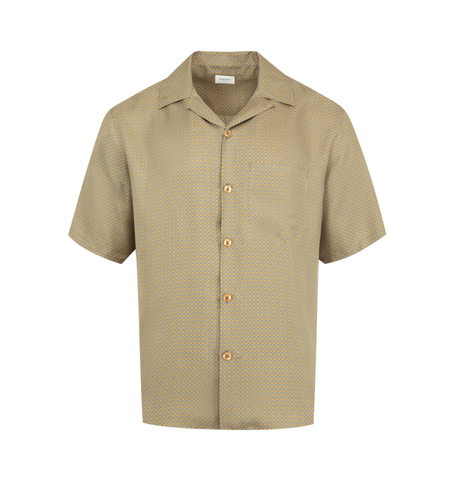 Image 1 of 2 - BROWN - SAINT LAURENT Geometric Silk Shirt featuring a short-sleeve buttoned shirt decorated in a micro starburst square and diamond motif, a shark collar, chest pocket, boxy fit and straight hem. 100% silk. Made in Italy.
