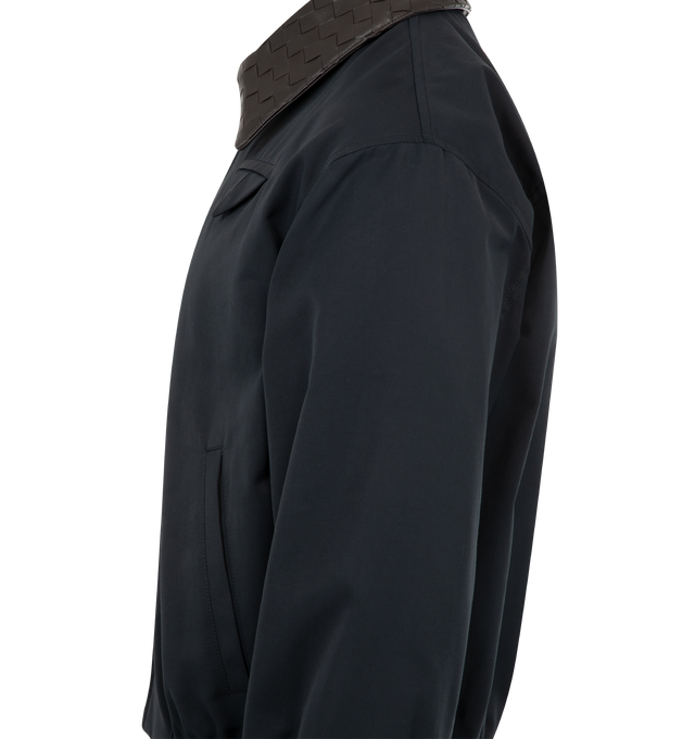 Image 4 of 4 - BLUE - BOTTEGA VENETA Tech Cotton Blouson featuring kimono construction in technical cotton canvas, detachable Intrecciato leather collar, zipper closure, lined and regular fit. 60% cotton, 40% polyamide. Made in Italy.