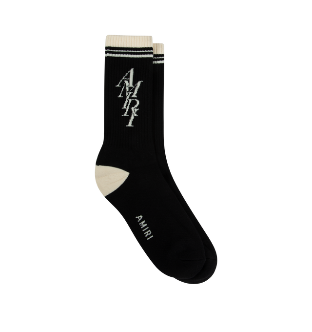 Image 1 of 2 - BLACK - AMIRI Stack Logo Socks featuring logo lettering and comfortable stretch in a blend of cotton. 78% cotton, 20% polyester, 2% elastane. 