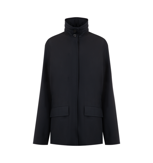 Image 1 of 5 - NAVY - THE ROW Tanera Jacket in smooth virgin wool gabardine with concealable hood at collar, adjustable interior drawstring waistband and concealed front placket with zipper and button closures. 100% wool. Lined in 100% silk. Made in Italy.