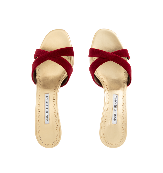 Image 4 of 4 - RED - Manolo Blahnik Women's Callydramu kitten heeled sandals are crafted from dark red velvet and gold nappa leather and feature an open-toe silhouette with crossover front straps and a sculptural 50mm angular heel. These designer heeled sandals combine luxurious Italian craftsmanship with elegant color contrast, making them a sophisticated choice for special occasions and evening wear. Main Material: 95% Velvet, 5% Lamb Nappa Leather. Lining: 100% Kid Leather. Sole: 100% Calf Leather. Heel
