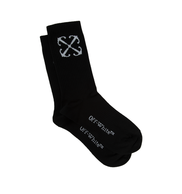 Image 1 of 2 - BLACK - OFF-WHITE ARROW MID CALF SOCKS are mid ribbed socks featuring arrows at side and Off-White logo at side. 15% Polyamide 80% Cotton 5% Elastane. 