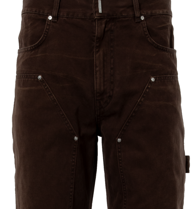 Image 3 of 3 - BROWN - GIVENCHY Studded Carpenter featuring denim construction, silver rivets, five-pocket design and straight leg. 100% cotton. 