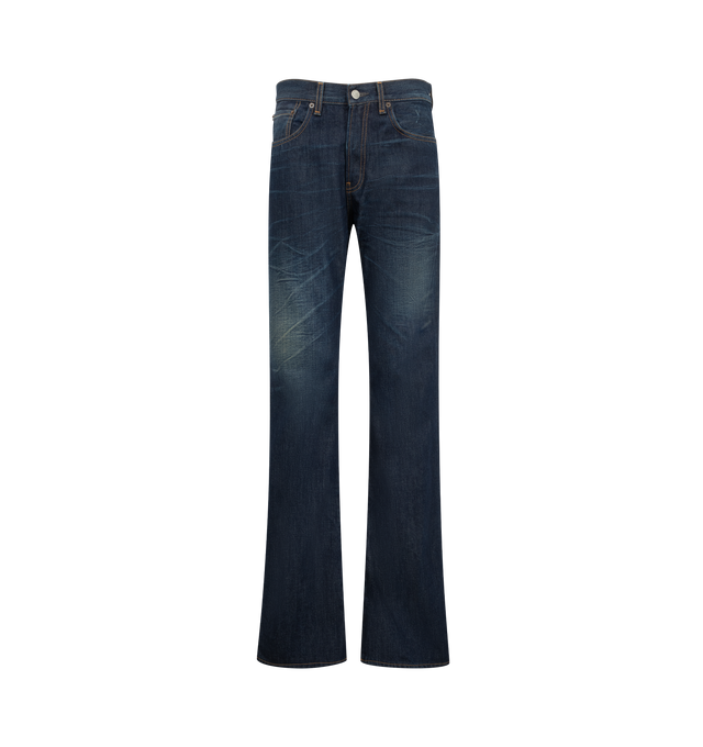 Image 1 of 3 - BLUE - Acne Studios Women's 2009F Deep Dive Jeans are crafted from dark natural indigo-blue non-stretch denim and feature subtle whiskering, light scraping, and stained detailing for an authentic worn-in effect. Designed in the brands 2009 fit, the jeans are cut to a regular fit with a mid-to-low rise, slim leg, and long length. A classic five-pocket construction and button fly complete the design. Made from organically grown cotton. Main Material: 100% Cotton. Patch: 100% Cow Leather.