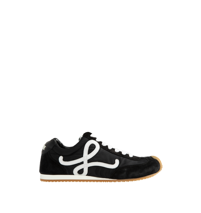 Image 1 of 5 - BLACK - Loewe Men's Ballet Runner 2.0 Sneakers are crafted from nylon and suede and feature the brand's signature asymmetrical toe shape, a sock-like internal construction, and a lightweight rubber outsole that extends over the toe. Designed for comfort and everyday versatility, this updated runner silhouette is finished with an L monogram at the side, an embossed Anagram logo on the tongue, and injected rubber LOEWE branding at the heel tab. Main Material: Nylon and Suede. Heel Height: 2 cm