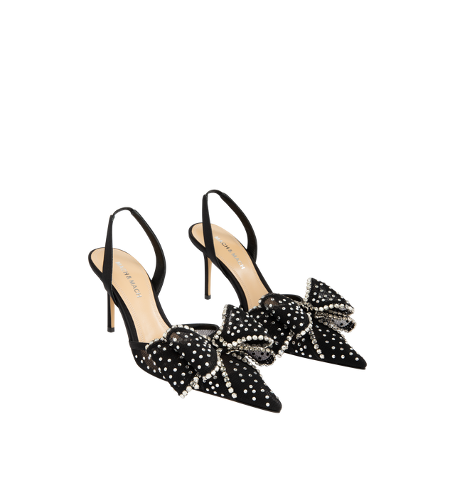 Image 3 of 5 - BLACK - MACH & MACH Le Cadeau Crystal Mesh Slingback featuring an elasticated slingback strap, a high stiletto heel, crystal embellishments and bow detailing. The heel height measures 85mm. Made in Italy.