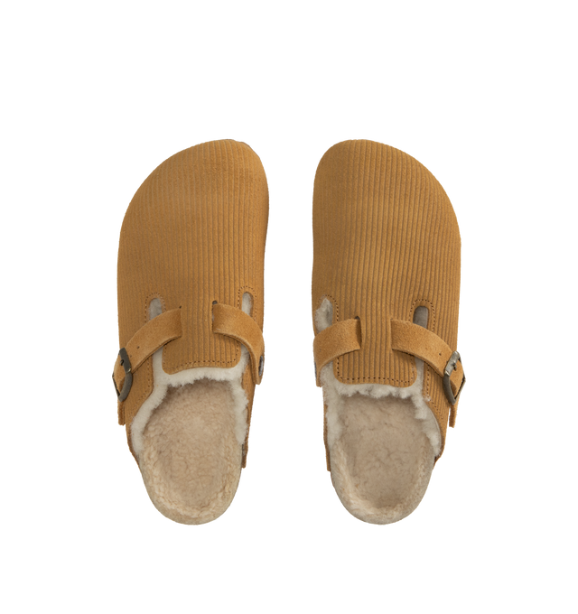 Image 4 of 4 - BROWN - BIRKENSTOCK Boston Teddy Shearling Clog featuring contoured footbed, embossed suede upper, genuine teddy shearling footbed lining, flexible EVA sole and adjustable strap with metal pin buckle. Made in Germany.